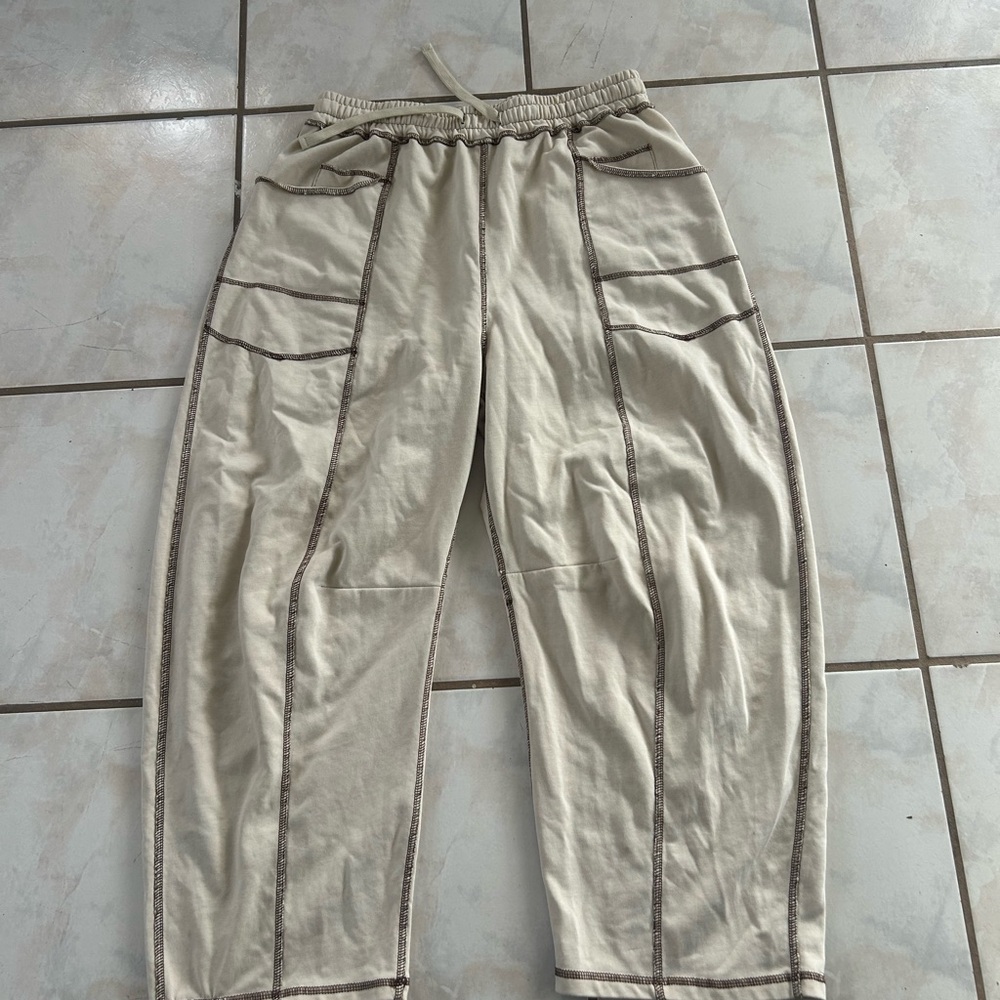 Amazon Beige women barrel style Jogger Pants with Dark Contrast Stitching